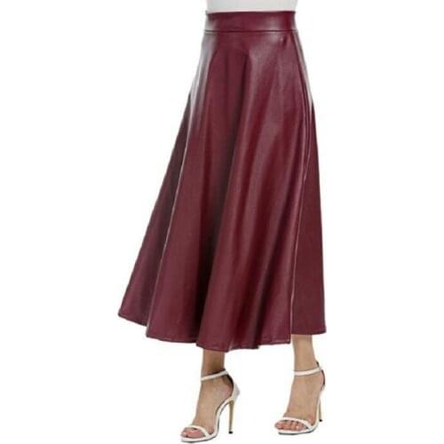 Spring Autumn PU Leather Skirt Women Saia Faldas Maxi Long Skirts Womens High Waist Slim Autumn Vintage Pleated Skirt Black