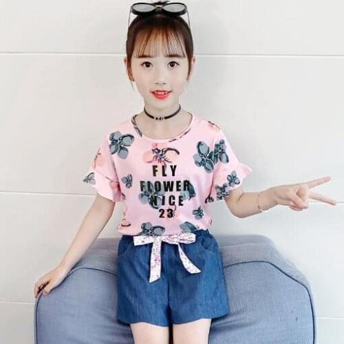 Kids Summer Clothes Sets for Girls T-shirt + Denim Shorts 2Pcs Sports Suit Preppy Style Children Clothing 4 6 8 10 12 Years