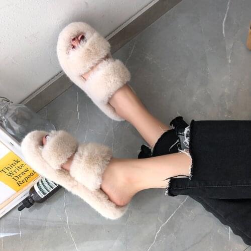 House Women Furry Slippers Winter Soft Faux Fur Warm Flats Rubber Sole Non Slip Home Slides Luxury Casual Shoes Ladies Female