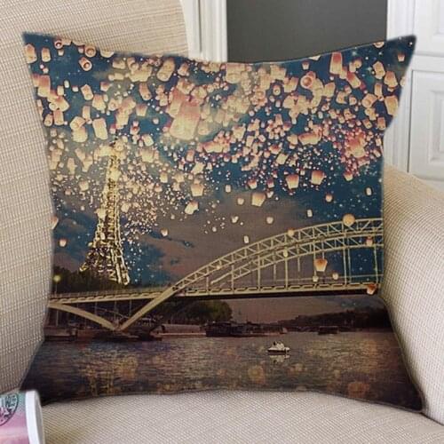 Dream Land Flying Wish Lantern Scenery Sofa Decorative Throw Pillows Cotton Linen Beautiful Night Sky Sofa Pillow Car Cushion