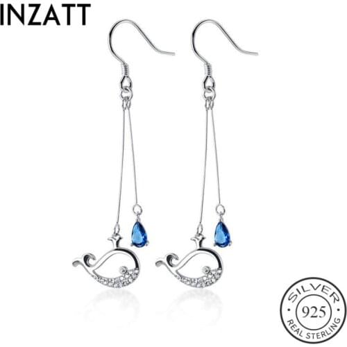 INZATT Real 925 Sterling Silver Blue Zircon Whale Tassel Drop Earrings For Fashion Women Party Fine Jewelry Cute Accessories