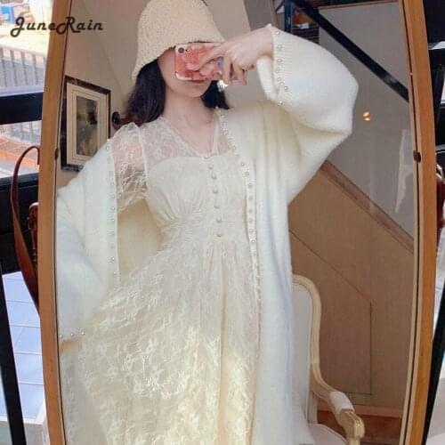 JuneRain Elegant Lace Long Sleeve Fairy Dress Winter One-piece Midi Dress For Women Party French V-neck Women Slim Korean Dress