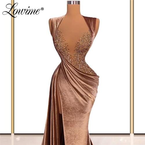 Lowime Arabic Beaded Evening Dresses Formal Long Gowns 2021 Mermaid Velvet Middle East Women Party Dress Evening Wear Vestidos