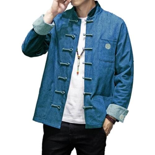 Chinese style Tang suit jacket male retro embroidery collar collar buckle jacket autumn denim jacket Chinese 5XL mens clothing