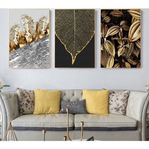 Golden Abstract Leaf Flower Nordic Wall Art Canvas Painting Black White Feathers Poster Print Wall Picture for Living Room Decor