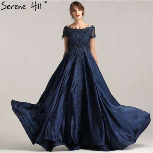 New Fashion Navy Blue A-Line Sexy Evening Dresses 2020 Crystal Sexy Luxury Satin Women Evening Dress Real Photo LA6257
