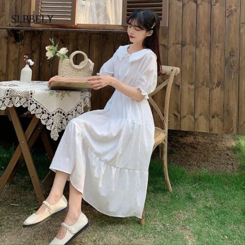 SLPBELY Sweet Women Dress Summer Doll Collar Female Ruffle A-Line Solid Elegant Student Dress Elegant Long Dress Lady Vestido