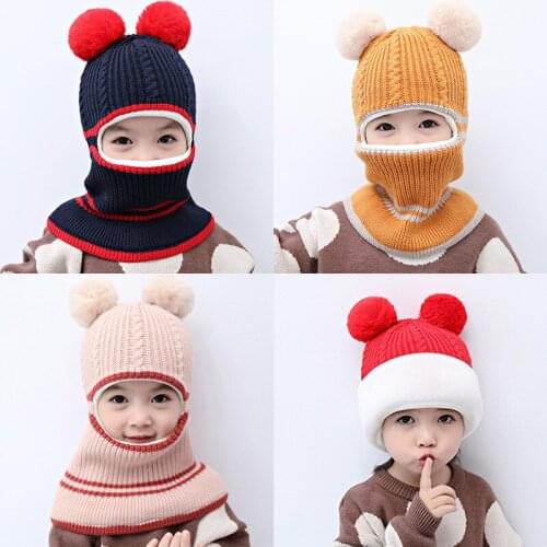 2-5years Baby Girls Baby Boys Hat Bibs Warm Knitted Velvet Lining Ear Protection Pompom Hat KF430