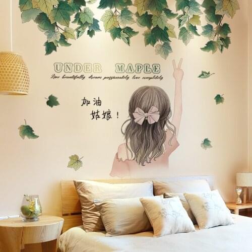 [shijuekongjian] Cartoon Girl Wall Stickers DIY Maple Leaf Wall Decals for Living Room Kids Bedroom Nursery House Decoration