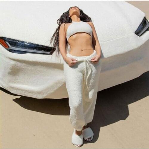 Showmirror Solid Plush Knit Fairy Grunge Halter Top Women Sexy Backless Skinny Crop Top 2021 Summer Fashion Streetwear