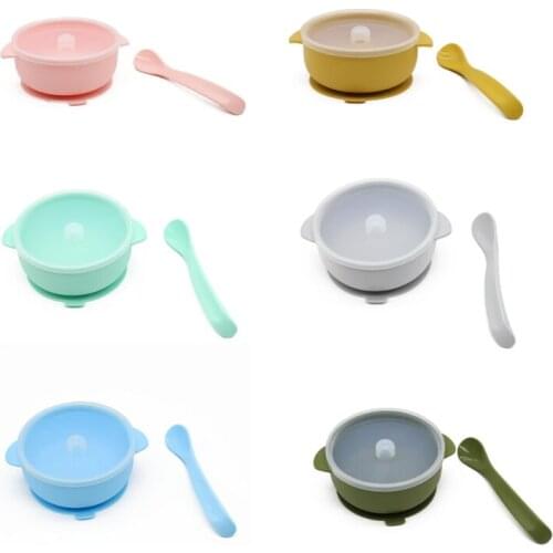 2 Pcs BPA Free Silicone Waterproof Baby Suction Bowl with Lid Training Spoon Set Non-Slip Learning Feeding Food Dish Plate Kids