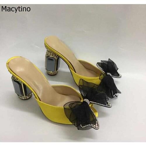 Slippers Women Sweet Bowtie Crystal Slippers Woman Satin Open Toe Outdoor Female Shoes 10cm Yellow Summer Shoes Woman Sandals