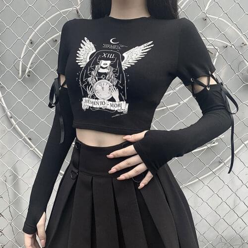 Emo Tops Women Gothic Witch Print Black Tops Harajuku Graphic Tee Punk Patchwork TShirt Ulzzang Grunge Clothes Egirl Aesthetic