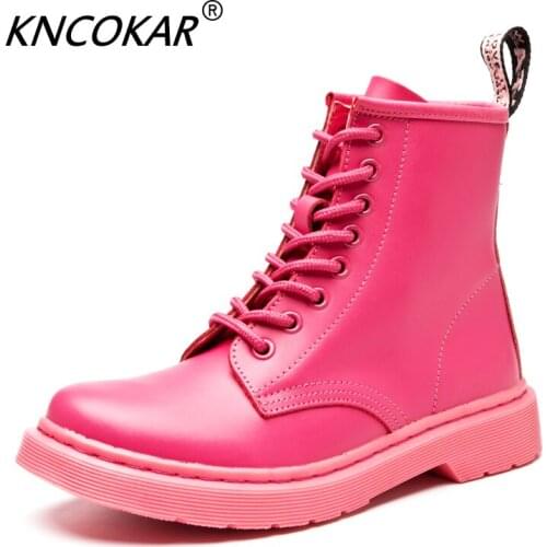 KNCOKAR Genuine Leather Women Martin Boots Winter Warm Shoes Feminina Female Motorcycle Ankle Fashion Boots Women x1013