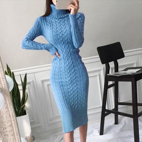 New Autumn Winter Women Knitted Dress Turtleneck Sweater Dresses Lady Slim Bodycon Long Sleeve Dress Vestidos