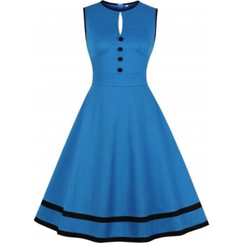Cut Out Button Front High Waist Rockabilly Vintage Style Dresses For Women Blue Sleeveless Robe Cotton Slim Rockabilly Dress