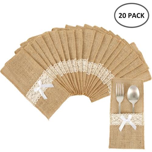 20pcs Natural Jute Burlap Cutlery Holders Packaging Fork and Knife Cutlery Pouch for Wedding Party Birthday Tableware Supplies