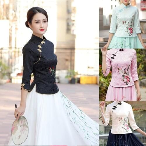 2021 Women Qipao Dresses Chinese Cheongsam Top Linen Skirt Vintage Floral Embroidery Tang Suits Elegant Plus Size Blouse Female