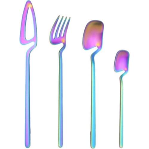 4Pcs Stainless Steel Spoon fork knife Creative Coffee Spoon Ice Cream Candy Teaspoon Kitchen Supplies Tableware 4 Colors