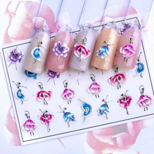 DingXue 3D Acrylic Engraved Flower Nail Sticker Embossed Dancing Girl Water Decals Empaistic Nail Water Slide Decals Z0434