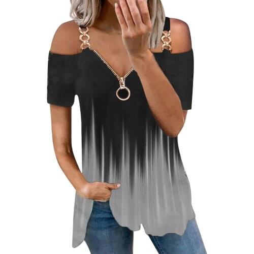Summer Womens Tops And Blouses Women Casual V-neck Printed Strapless Zipper Short Sleeves Blouse Tops Blusas Mujer De Moda 2021