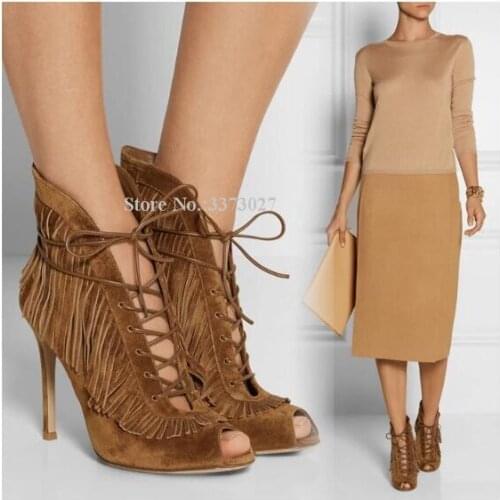 Brown Tassels Lace-up Ankle Boots Women Fashion Peep Toe Fringe Stiletto Heel Shoes Lady Large Size High Heels Pumps Dropship