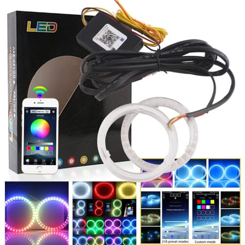2X RGB 80mm 95mm 5050 LED Colorful Streamer Angel Eyes Bluetooth APP Control Halo Ring Car Auto Turn Signal Driving Headlight