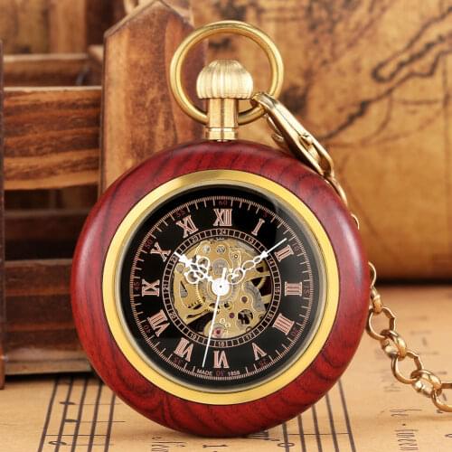 Retro Men Red Sandalwood Mechanical Pocket Watch High End Black Digital Dial Women Round Clock Gift Practical Necklace Pendant
