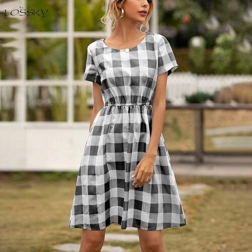 Fashion O-neck Short Sleeve Vintage Woman Dress 2021 Summer Casual Green Plaid Elastic Waist Dresses For Women Robe Femme