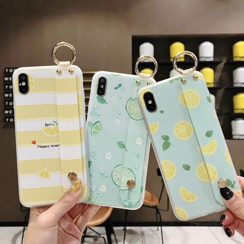 Fashion lemon Matte wrist strap soft phone case For iphone 11 Pro Max X XR SE 2020 6 6s 7 8 plus XS MAX Rose holder cover gift