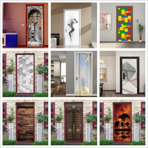 Wood Grain Door Mural DIY Self-adhesive Waterproof Wallpaper PVC Wall Sticker Poster Home Design Living Room Bedroom deurposter