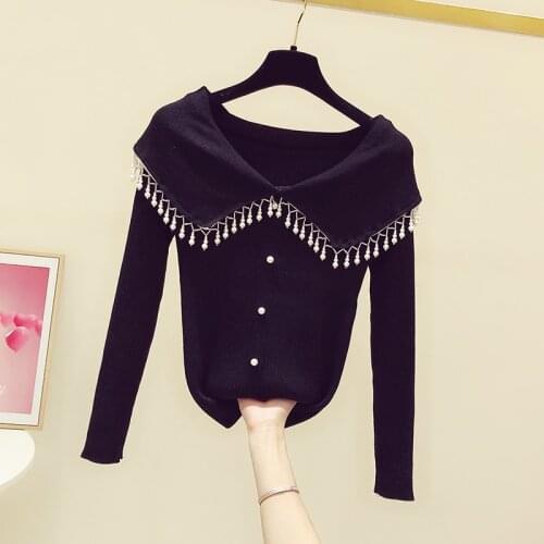 2020 Autumn New Fashion Bead Tassel Doll Collar Long-Sleeved Sweater Womens Casual Slimming Sweaters Girls Black Knit Shirt Top