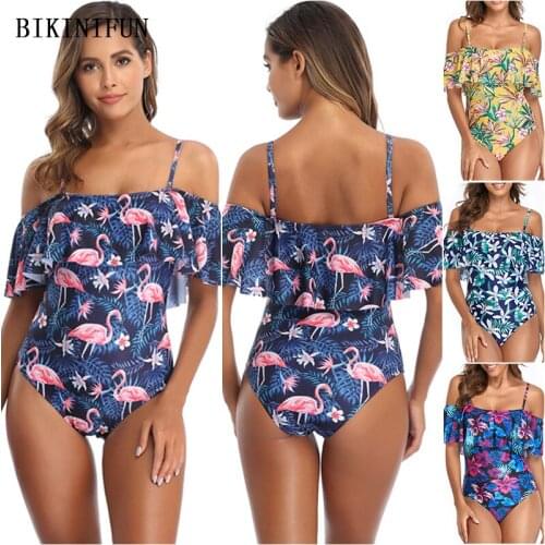 2020 New Flamingo Print Swimsuit Women Off Shoulder Beachwear Plus Size Swimwear S-2XL Girl Floral Bathing Suit One Piece Suit