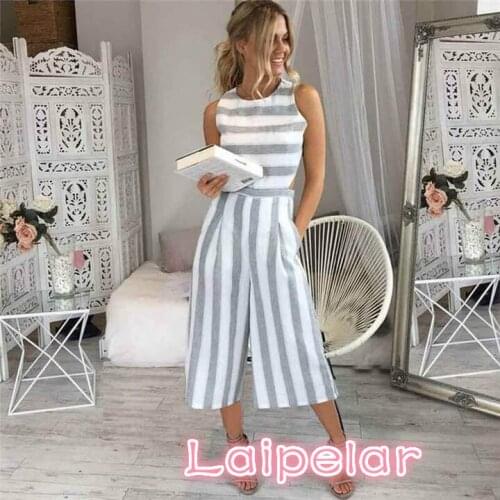 New Fashion Women Striped Print Jumpsuit Calf-length Pants Romper Elegant Lady Playsuit Laipelar