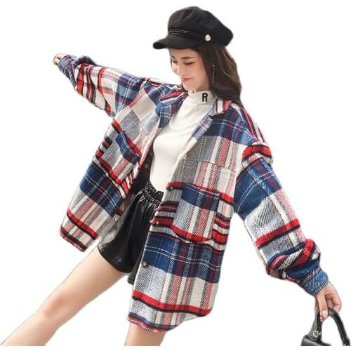 Fashion Plaid Womens Woolen Coat 2021Spring Autumn Blended Wool Jacket Large Size Loose Casual Female Tops Outerwear Streetwear