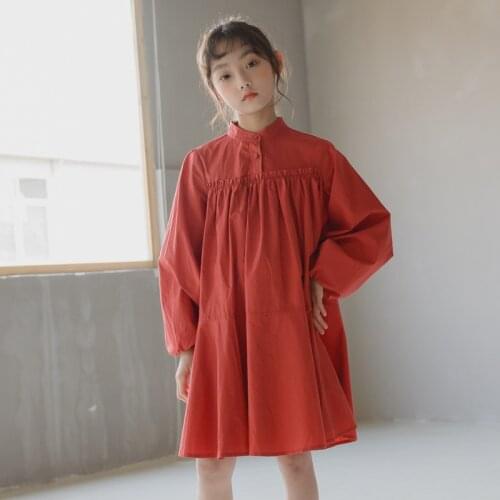 Kids Girls Red Shirt Dress Spring Autumn Elegant Cotton Dresses for 6 8 10 12 years