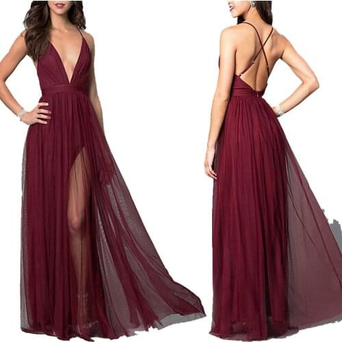 Summer New Women Dress Wine Red Stitching Perspective Gauze Loose Sequin Deep V Strap Women Mesh Dress Vestidos De Fiesta