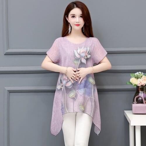 Pullover large size 2021 Summer New Short-sleeved Plus-size Chiffon shirt Middle-aged Long Womens Clothing Loose Blusa top 86i