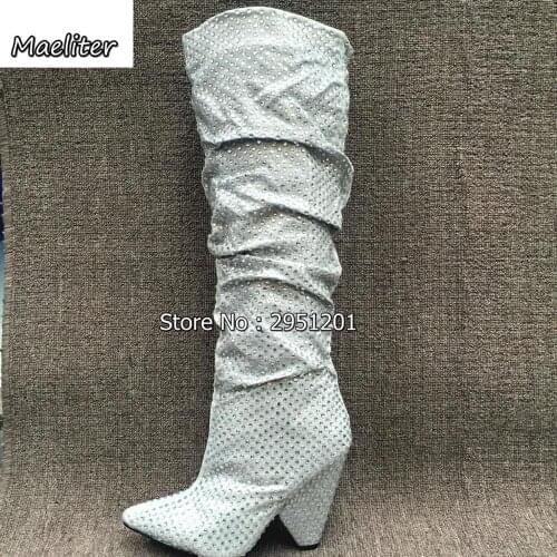 Newest Luxury Crystal Women Pointy Toe Knee High Boots Chunky Heel Boots Ladies Knight Boots Glitter Diamond Bling Boots