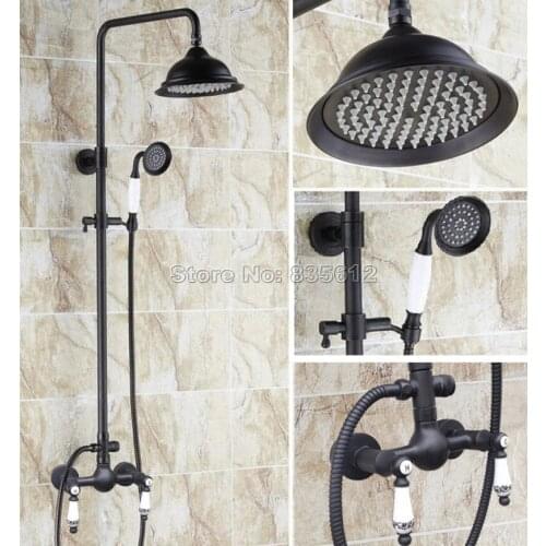 Bathroom Black Oil Rubbed Bronze Rainfall Shower Set Faucet + Ceramic Handles Mixer Taps + Handheld Shower Wall Mounted Wrs511