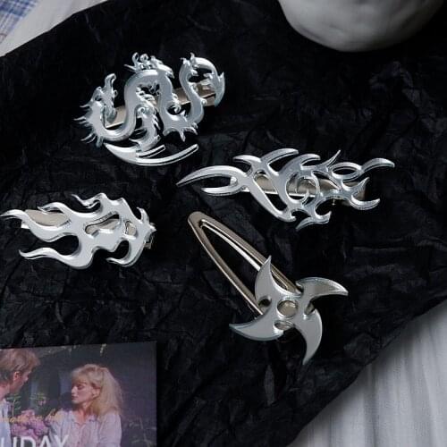 Punk Shuriken Flame Dragon Icon Reflective Hair Clips Funny Hip Hop Harajuku Totem Geometric Hair Accessories For Women
