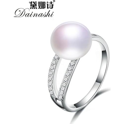 Dainashi Top Quality 925 Sterling Silver Zircon Crystal Ring Fine Jewelry 100% Genuine Freshwater Cultured Pearl Ring Party Gift