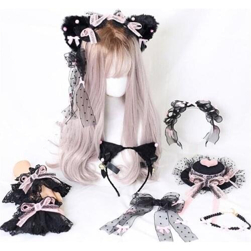Gothic Black Pink Hat Lolita Maid Hairpin Bowknot KC Cosplay Girl Side Clip Hair Accessories B1732