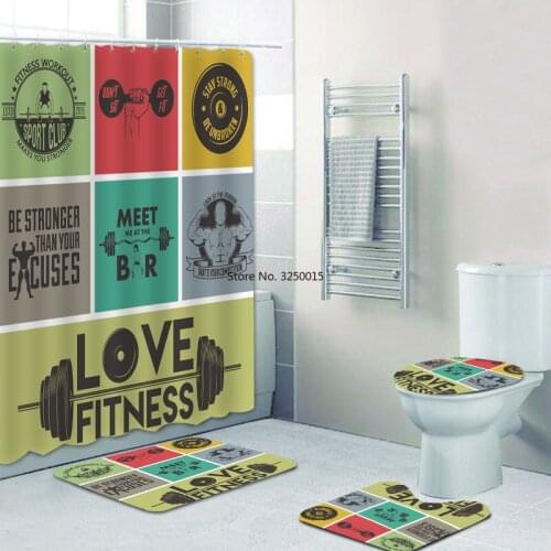 Shower Curtain Set for Bathroom Funny Love Fitness Gym Workout Bathroom Curtain Bath Mats Rugs Toilet Bodybuilding Trainer Decor