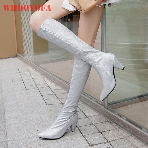 Brand New Glamour Silver Black Women Mid Calf Riding Boots High Heels Office Lady Shoes Plus Small Big Size 10 30 43 45 48