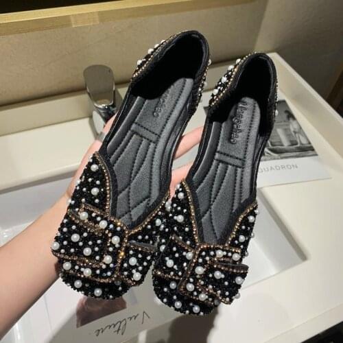 Shallow Mouth Womens Flats 2021 Autumn New Bowknot Square Soft Bottom Shoes for Women with Peral Casual Shoe Female A122