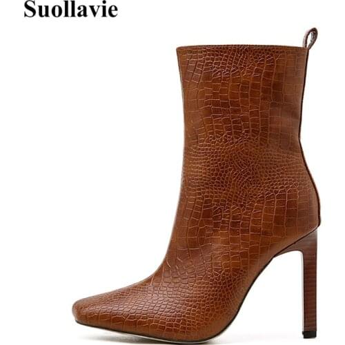 Suollavie Winter botas de mujer Square toe women boots shoes Fashion Stone Pattern high heels Zipper femmes bottes buty damskie
