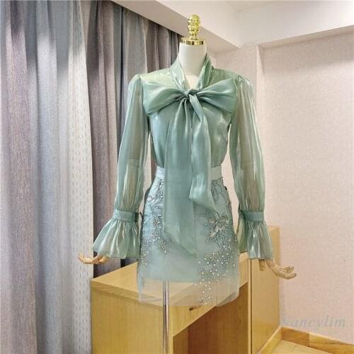 Two Piece Skirts Suit for Women New Long Sleeve Bow Collor Blouse + Beaded Embroidery Mini Skirts Elegant Lady Outfits 2021