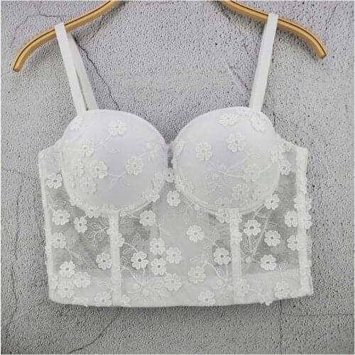 Womens Mesh Lace Flower Bustier Crop Top Sexy Bra White Corset Top