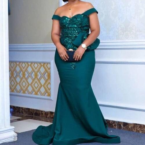Plus Size Teal Mermaid Evening Dresses for Women Off Shoulder Sweep Train Sequined Appliques Long Formal Prom Gown vestidos de